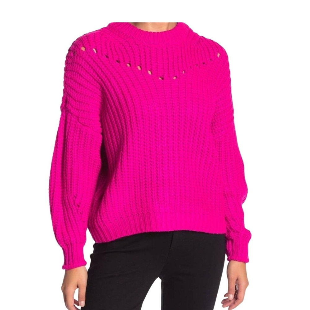 Elodie Magenta Pink Chunky Ribbed Knit Oversized Pointelle Sweater Womens Medium - Picture 1 of 8